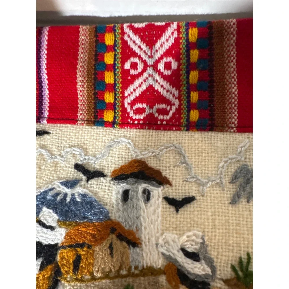 Hand Embroidered Arpillera Folk Art Oven Mitt Andean Village Scene Boho Decor